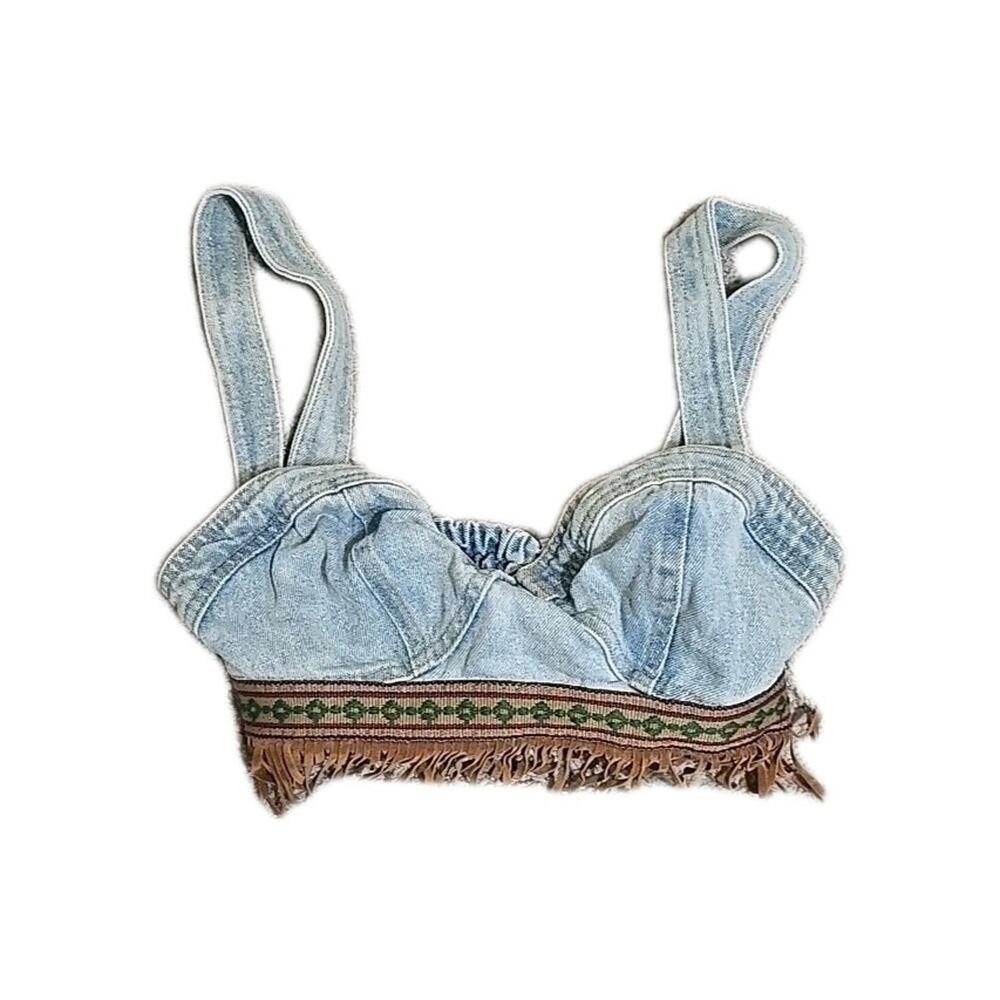 Vtg Maximum Energy USA Blue Denim Fringe Boho Tank Crop Top Womans Size Medium - Picture 3 of 9